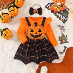 再入荷 ハロウィン 子供 ロンパース サロペットスカート 3点セット 女の子 ハロウィーン衣装 ハロウィン コスプレ 衣装 カボチャ柄 カボチャ衣装 子供 キッズ 仮装 0-
