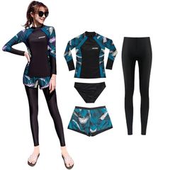 [Brand New] [Guooolex] Women's Rash Guard Swimsuit 4-Piece Set: Long-Sleeve Rash Leggings, Shorts, Bra, Swimwear, Cover-up, Water and Land Use, Sun Protection, UV Cut, 2055W-blk-gn-3XL