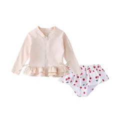 【新品】 [Yolrky] 子供 水着 女の子 セパレート 3点セット 帽子付き キッズ ジュニア 水着 長袖 ラッシュガード 水遊び 温泉 海プール 90 100 110 120 130 140cm (JP, 身長, 120, ベージュ)