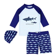 【新品】 [Formemory] 水着 男の子 3点セット 子供 ベビー 赤ちゃん ラッシュガード UVカット セパレート スイムウェア トップス パンツ キャップ サメ柄 シャーク (JP, 身長, 120, ストライプ サメ)