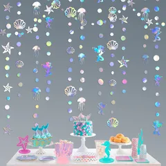 【人気商品】貝殻 クラゲ ヒトデ 人魚 人魚 誕生日装飾 レーザー人魚 海底パーティー バナー 約16m長 100日 バースデー 4本入 飾り付け パーティー 幼稚園 保育園 ガーランド 部屋の装飾 PinkBlume 結婚式の飾り付け