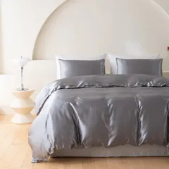 新品 布団カバー セット 涼感 おしゃれ ツルツル ボックスシーツ 冷感 夏用 シルクみたい サテン ツヤ 光沢 シングル レーヨン 柔らか 可愛い 布団カバーセット 優しい 肌触り 寝具 掛布団 おしゃれ 北欧 まくら 丸洗いOK 和式 洋式 (グレーフリル