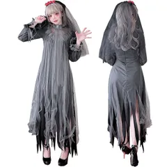 新品 [AssassinCat] ハロウィン コスチュームホラー 鬼花嫁ゾンビ仮装 魔女吸血鬼ロールプレイング ゴースト洋館 お化けゾンビドレス衣装 パフォーマンス衣装 +ローズ花嫁のベール (鬼の花嫁喪服 S)