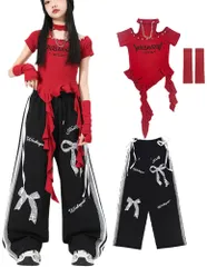 新品 [FLASHOON] ダンス衣装 キッズ 黒 赤 3点 ヒップホップ 衣装 へそだし ダンス トップス hip hop kids ダンスウェア 女の子 ジャズ ダンスパンツ レディース 120-180CM 普段着 演出服 練習 演出 応援 CRNB118