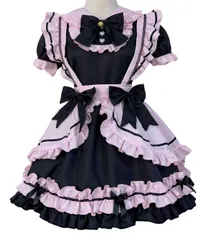 新品 [尚基製造] メイド 服 ゴスロリ ウェイトレス コスプレ 衣装 フリル ロリータ カチューシャ 付き コスチュームセット 清楚 可憐 萌え レディース ドレス 喫茶店 遊園地 半袖 ブラック ピンク (ブラック＆ピンク 5XL)