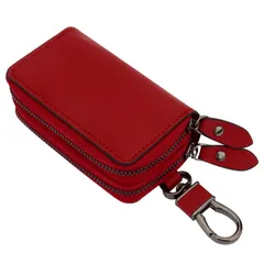 【人気商品】２つ スマートキーケース 鍵が同時収納 ダブルポケット レディース 革 メンズ 多機能 便利 キーケース (レッド)