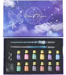【数量限定】星空 ボックス付け 万年筆 レインボーク サインペン 署名ペン ペン2本 ガラスディップペンインクセット インク12色 グラデーション セット ライトブルー ガラスペン GRS-LBL-SET Ducale(ドゥカーレ)