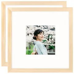 ナチュラル_20角 フォトフレーム 正方形 20角 木製額縁 2枚セット ウッドフォトフレーム 写真立て 壁掛け 卓上 両用 マット紙付き プレゼント ナチュラル