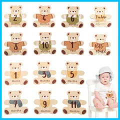 月齢フォト 木製 マンスリーカード 7枚セット クマ形 ニューボーンフォト 新生児 成長記録 写真記念の小道具 出産祝い 収納袋付き