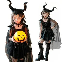 新品 [JUNDOMECY] ハロウィン コスプレ 子供 魔女 女の子 フルセット 可愛い 黒 キッズコスチューム 悪魔 魔法使い 仮装 悪魔の角 ワンピース ネックレス レース ソックス イベント パーティー 演出 学園祭 発表会 (3XL/150cm)