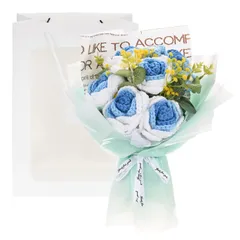 新品 M METERXITY かぎ針編み花ブーケ、手編みニットブーケ 人工6バラ3デイジーミックス ギフトバッグ付き DIYホームデコレーション/誕生日/結婚式/バレンタインデー [グラデーションブルー]