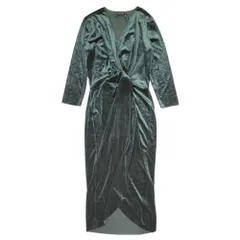 新品同様 ZARA BASIC ザラベーシック ベロア ラップ風 ワンピース ドレス 膝丈 ミモレ丈 七分袖 タイト ストレッチ S グリーン レディース 古着 中古 USED