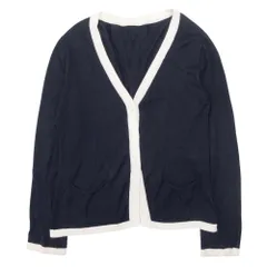 良品 Leillian レリアン バイカラー コットンニット カーディガン Vネック カットソー 羽織 トップス 長袖 9 紺 ネイビー レディース 古着 中古 USED