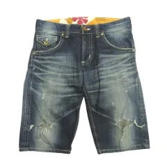 美品 EDWIN エドウィン ブルートリップ  ショート デニム パンツ ジーンズ 木製ボタン ダメージ加工 W32 インディゴ メンズ 古着 中古 USED