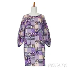 【新品未使用品】　日本製　　かっぽう着　割烹着　スモック　ボタン留め割烹着ミドルタイプ　紫地　和風パッチワ-ク　KM-1005のサムネイル