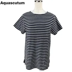 Aquascutum　アクアスキュータム 　マリンスタイル　半袖Tシャツ　ボートネックカットソー　上質　高級　ロープ刺繍　ネイビー　ホワイト　紺　白　マリンボーダー　11号　LLのサムネイル
