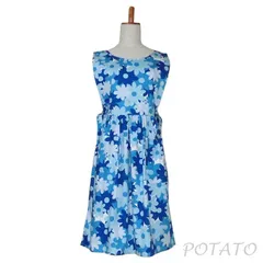 品　日本製　背付きエプロン　かぶりタイプエプロン　脇リボン結び　ブルー系　マーガレット　USA-1015