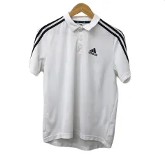 アディダス adidas ポロシャツ プルオーバー スタンダード スポーツウェア プリント ロゴ ライン 半袖 S 白 黒 ホワイト ブラック