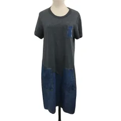 アヴィレックス AVIREX Belle ワンピース Iライン ひざ丈 切替 バイカラー 刺繍 ロゴ 半袖 L グレー 青 ブルー