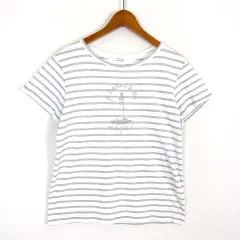 ヒューマンウーマン HUMAN WOMAN Tシャツ カットソー ラメ ボーダー マリン柄 コットン 半袖 M オフ白 グレー