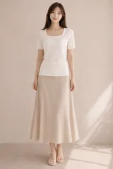 自由区 スクエアネックニット 美シルエット 上品 リブデザイン　L