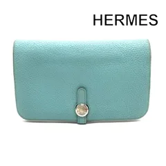 良品 HERMES エルメス ドゴン GM デュオ 長財布 2つ折り 財布 T刻印 ウォレット レザー シルバー金具 ターコイズブルー レディース m15454のサムネイル