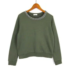 アースミュージック&エコロジー EARTH MUSIC & ECOLOGY トレーナー スウェット プルオーバー ビーズ パール装飾 ストレッチ 長袖 M カーキ