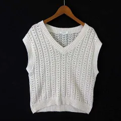 コルザ COLZA ベスト ニット 透かし編み Vネック コットン S ライトベージュ