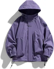 TaKiHuReO ウインドブレーカー フード レディース マウンテンパーカー ブルゾン 防風 ゆったり ジャケット 登山 アウター お洒落 カジュアル ヤッケ シンプル 男女兼用 フード付き レインコート 雨ガッパ 防水 (パープル,  XL)