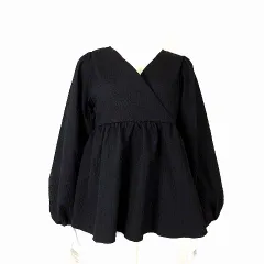 グレイル GRL 前後 2Way 花柄 エンボス カシュクール トップス ブラウス プルオーバー ペプラム パフ バルーンスリーブ 長袖 M 黒 ブラック