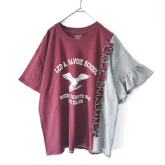 古着リメイクTシャツ　ボルドー×グレー　アシンメトリー　フロントギャザーフリル　袖ギャザー　プリントTシャツ　レディーストップス
