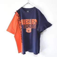 古着リメイクTシャツ　ネイビー×オレンジ　フロントフリル　バックフリル　バイカラー　紺　袖ギャザーフリル　アシンメトリー