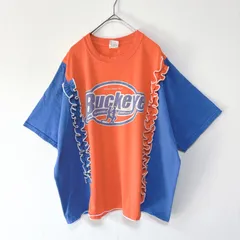 古着リメイクTシャツ　オレンジ×ブルー　バイカラー　フロントギャザーフリル　ゆったり幅　青　プリント　レディーストップス