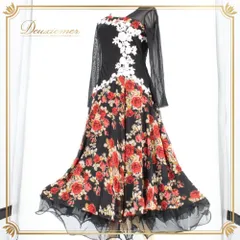 社交ダンス 衣装 スタンダード ドレス ワンピース パーティドレス 赤 白 黒 ブラック系 ホワイト系 レッド系 長袖 花柄 レース 派手 バラ柄 薔薇 ローズ フラワープリント 総柄 柄ワンピース 総レース風 フレアスカート 二重スカート ロング丈 ふんわり