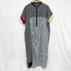 アンティカ 切り替え配色デザインワンピース シャツワンピース チェック×ストライプ 黒 グレー FREE