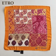 ETRO エトロ シルク100% ペイズリー柄 スクエアスカーフ オレンジ ピンク ゴールド ハンドロール 正方形　イタリア製　バンダナ　大判ハンカチ　首巻き、髪留め、バッグのアクセント　小物　絹　45角　 Etro　中古　正規品　送料無料　匿名配送　【美品】のサムネイル