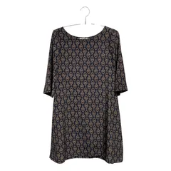 マルサ　レディース　フリーサイズ　薄生地　汚れ傷みなし　紺地にベージュ柄　ワンピース(七分袖)