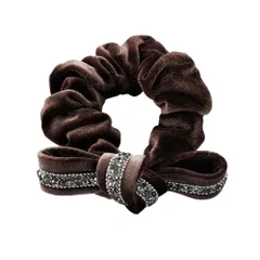 【ブラウン×ワンサイズ】[Cream dot. クリームドット公式] ヘアアクセサリー レディース  シュシュ リボン ベロア ベルベット 光沢感 ラインストーン ヘアゴム ヘアアクセ ヘアアレンジ 簡単 まとめ髪 髪留め シック デコラティブ パーティー