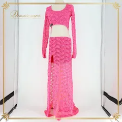 ベリーダンス 衣装 上下セット ピンク系 ポリーナ POLINA レース 花 花柄 トップス スカート スリット 鮮やか 華やか 練習 レッスン かわいい 派手 目立つ ダンス衣装 イベント 伸縮 ストレッチ 短め ショート丈