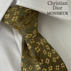 《美品》Christian Dior MONSIEUR (クリスチャン ディオール ムッシュ) ネクタイ 総柄 ペイズリー 花 オリーブ カーキ イエロー
