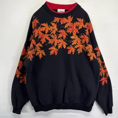 古着 90's/90年代 USA製 スウェット トレーナー もみじ 大きいサイズ 紅葉 バックプリント クルーネック 2重襟 2XL  ブラック メンズ