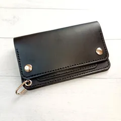 【左利き用】牛革トラッカーウォレット　ミドルサイズ　 ブラック　金具シルバー色　シンプル バイカーウォレット　本革