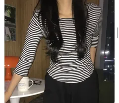 エイブリー ストライプ 7分 Tシャツ ブラック、ホワイト