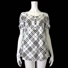 バーバリーブルーレーベル BURBERRY BLUE LABEL チュニック カットソー フレア 半袖 パフスリーブ ノバチェック柄 ロゴ 刺繍 M 38 白 ホワイト 黒 ベージュ 国内正規品