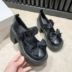 ロリータシューズ 蝴蝶結 パンプス 太めヒール
