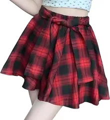 bubu o_hana(ブブ オーハナ) チェック 柄 ミニ スカート インナー パンツ 一体型 リボン 付き スカパン レディース 女 性 用 春 夏 秋 冬 服 ウエストゴム Aライン プリーツ 風 ミニスカート (赤 黒,  L)