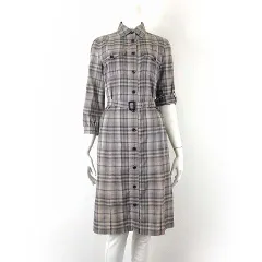 バーバリー ロンドン BURBERRY LONDON ワンピース シャツワンピース ロング コットン 7分袖 ロールアップ袖 ノバチェック柄 L 40 グレー ベージュ グレージュ 国内正規品 美品 インナーペチコート付