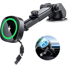 【2026改良モデル・15W急速充電】磁気ワイヤレス スマホホルダー 車載 充電器、 マグネ/マグセーフ スタンド 【USB-A & Type-C デュアル充電ポート/伸縮式ケーブル/N52強力磁気コア】片手操作/多角度可? iPhone17/16/15/ 0