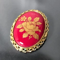LIMOGES CASTEL リモージュキャッスル ブローチ 薔薇 バラ 花柄 陶器 ゴールドカラー 赤 楕円形 レディースアクセサリー■S310のサムネイル