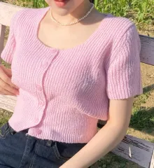 ピンク ニット 半袖 カーディガン